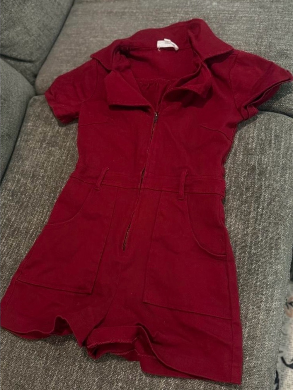Day and Moon Let’s Go Romper in maroon.